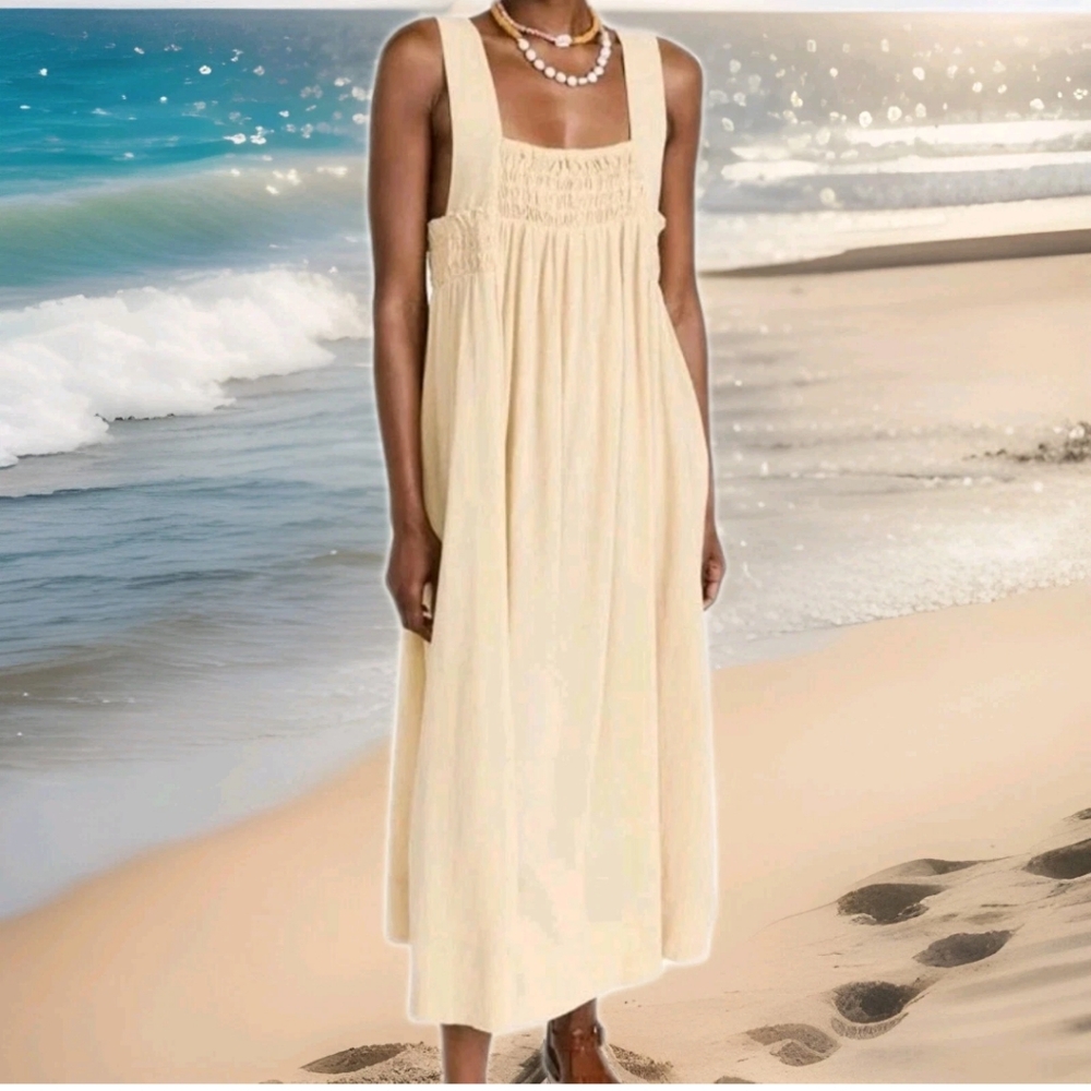 Free People Delphine Smocked Dress Sz Small Midi Gauzy Pampas Pockets Coastal